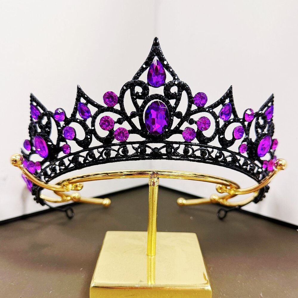 Violet Crystal Tiara, Black Crown, Princess Tiara, Goth Headband, Purple Crystal